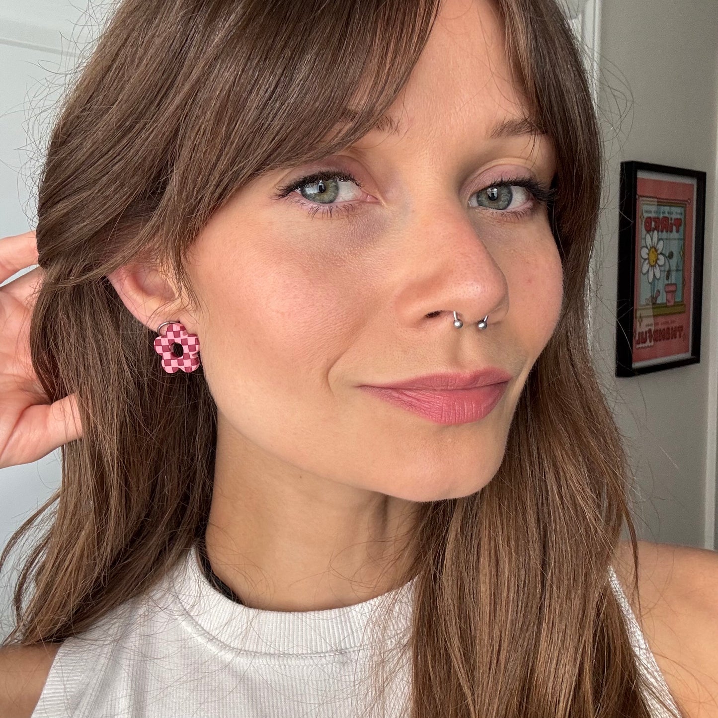 Retro Flower Studs • Red + Pink Checks