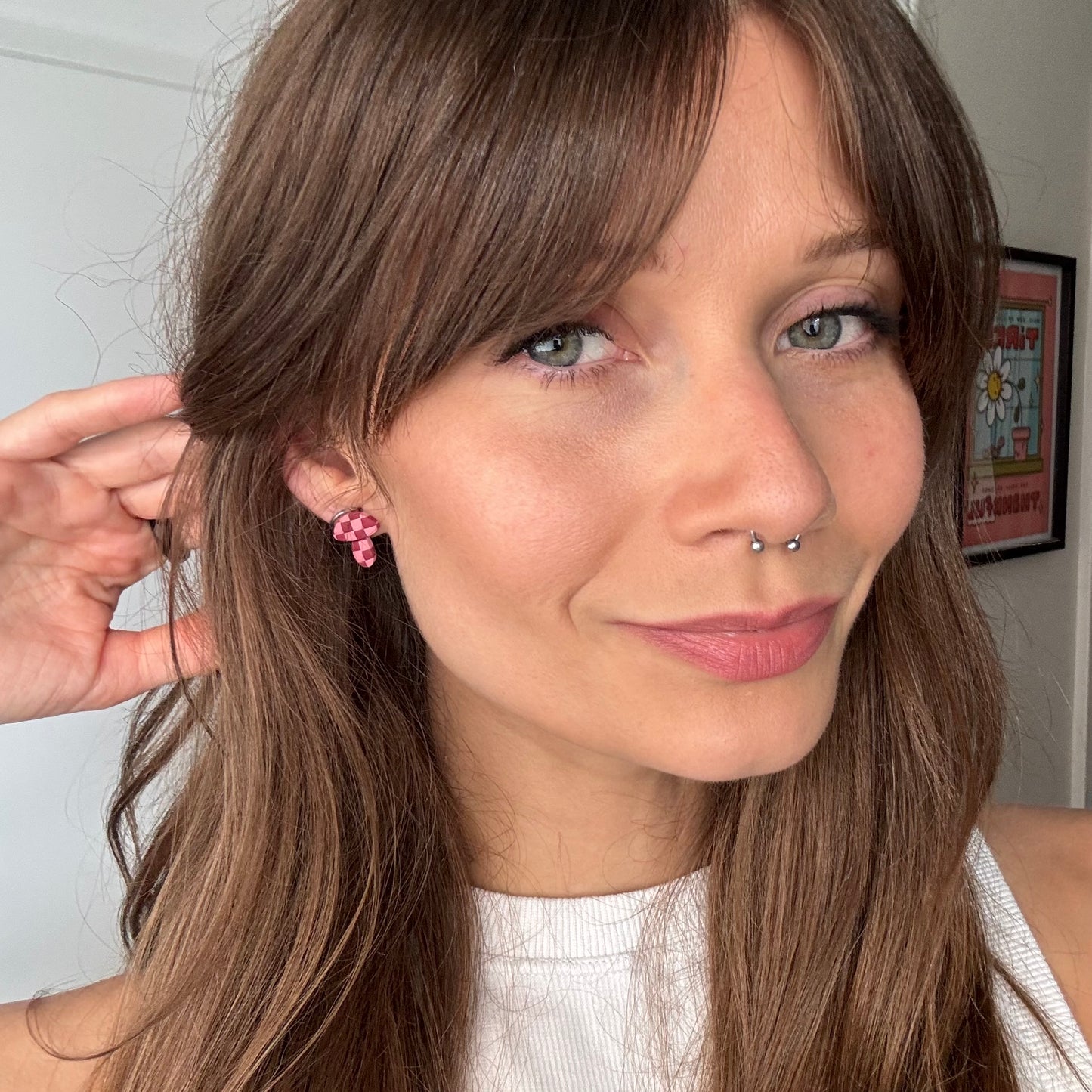 Mushroom Studs • Red + Pink Checks