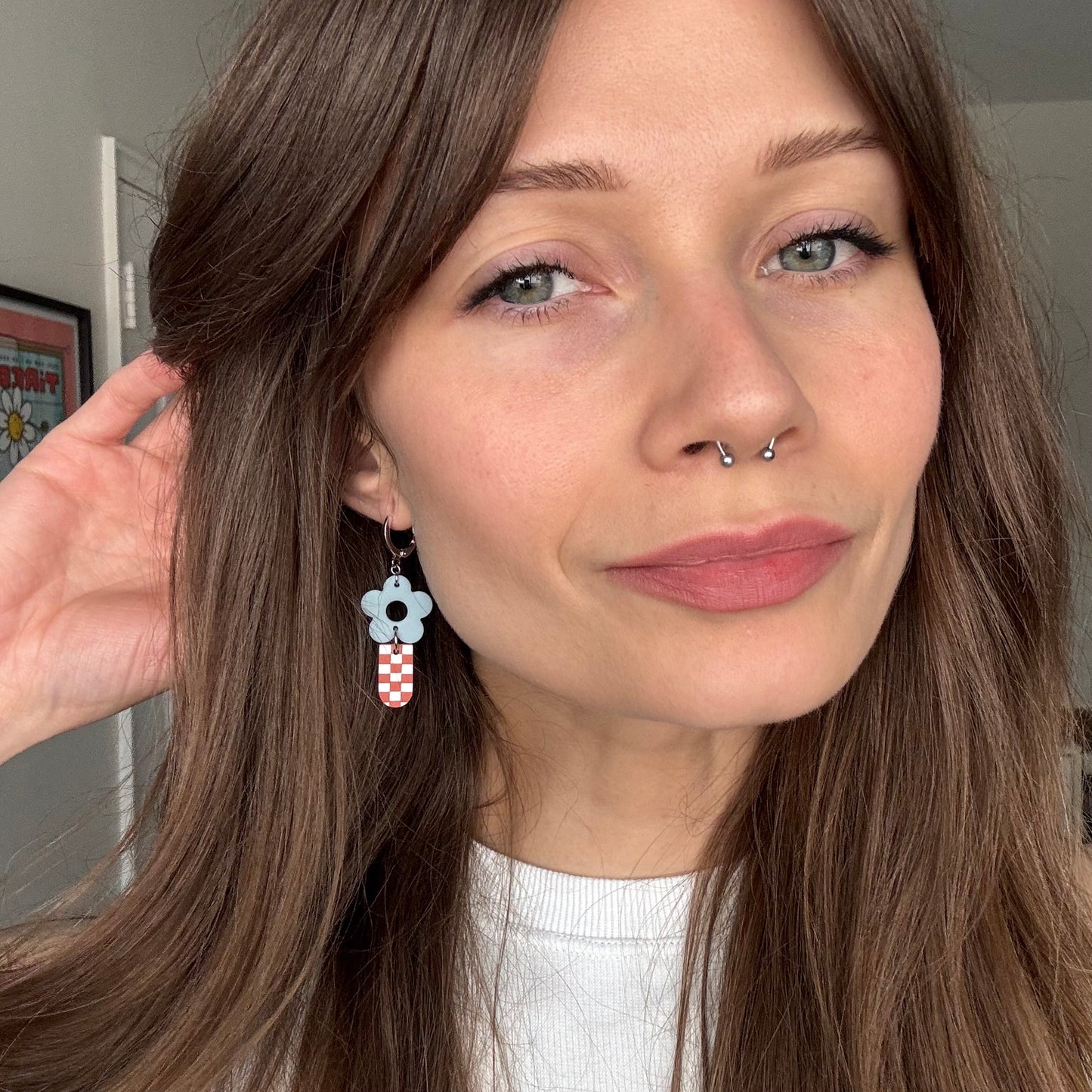 Abstract Daisy Vase • Retro Blue + Terracotta Checks