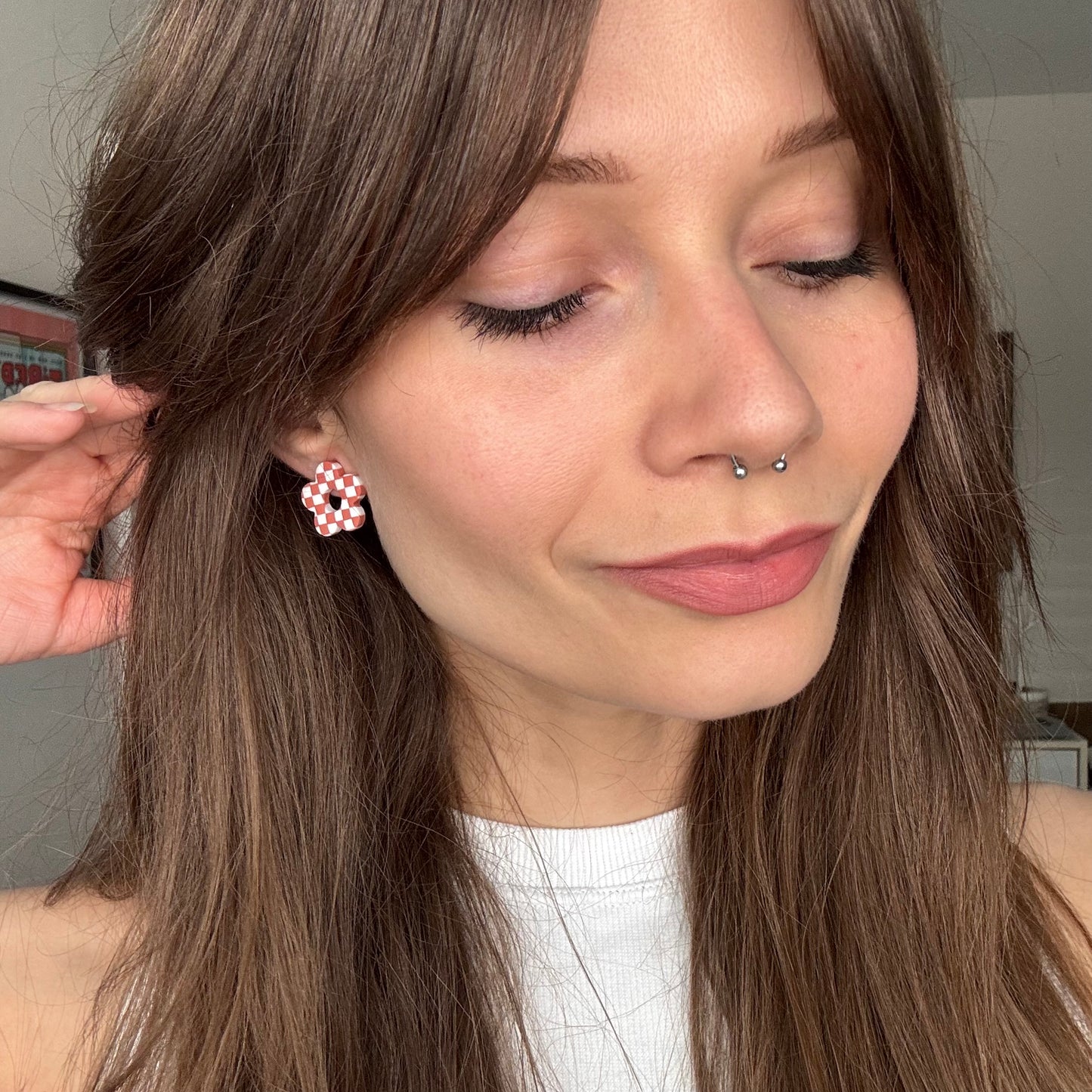 Small Flower Studs • Terracotta Checks