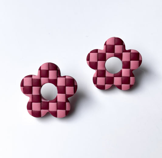 Retro Flower Studs • Red + Pink Checks