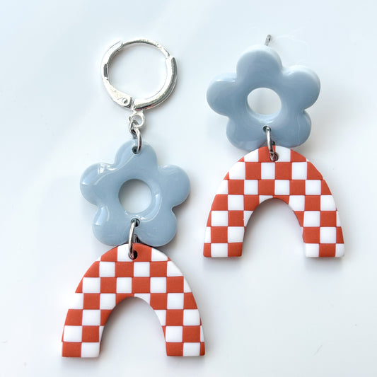 Micro Leo • Floral • Retro Blue + Terracotta Checks