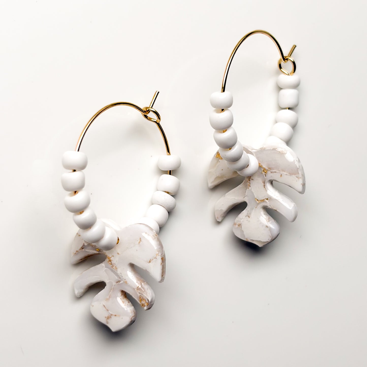 Monstera Hoops • White + Gold Marble