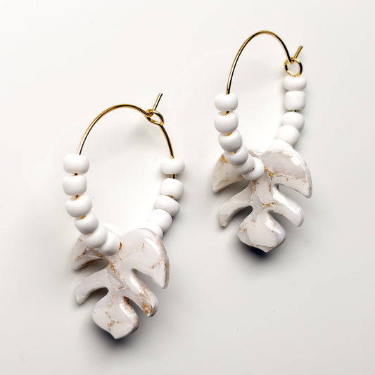 Monstera Hoops • White + Gold Marble