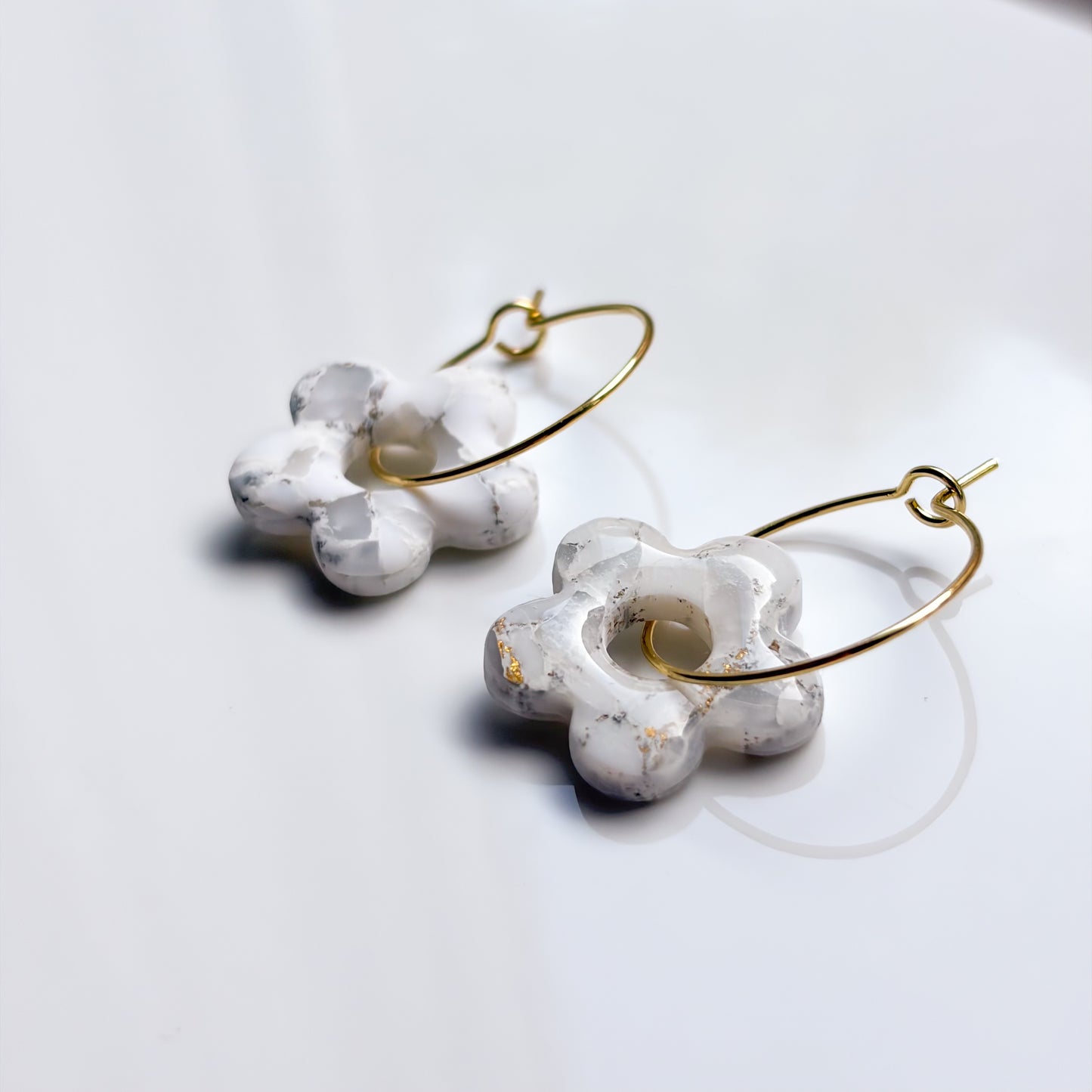Retro Flower • White + Gold Marble Hoops