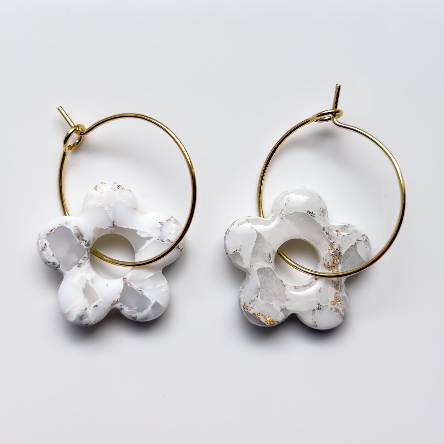 Retro Flower • White + Gold Marble Hoops