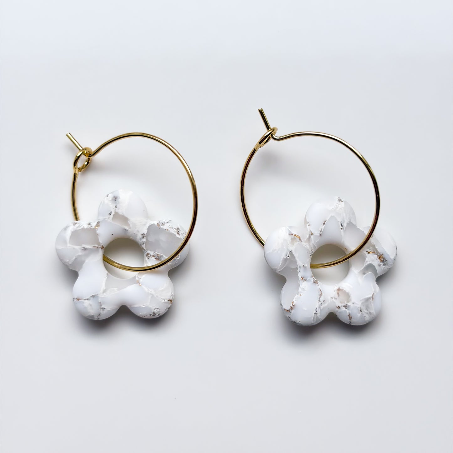 Retro Flower • White + Gold Marble Hoops