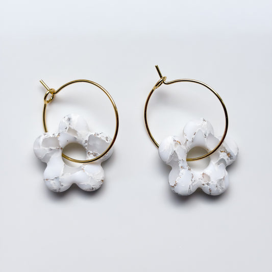Retro Flower • White + Gold Marble Hoops