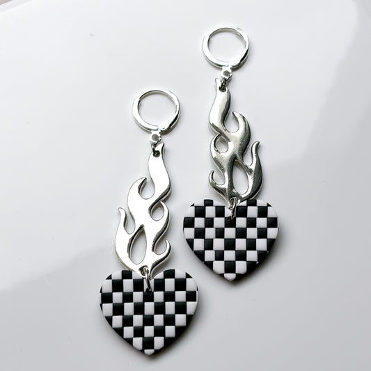 Flaming Hearts • Black + White Checks