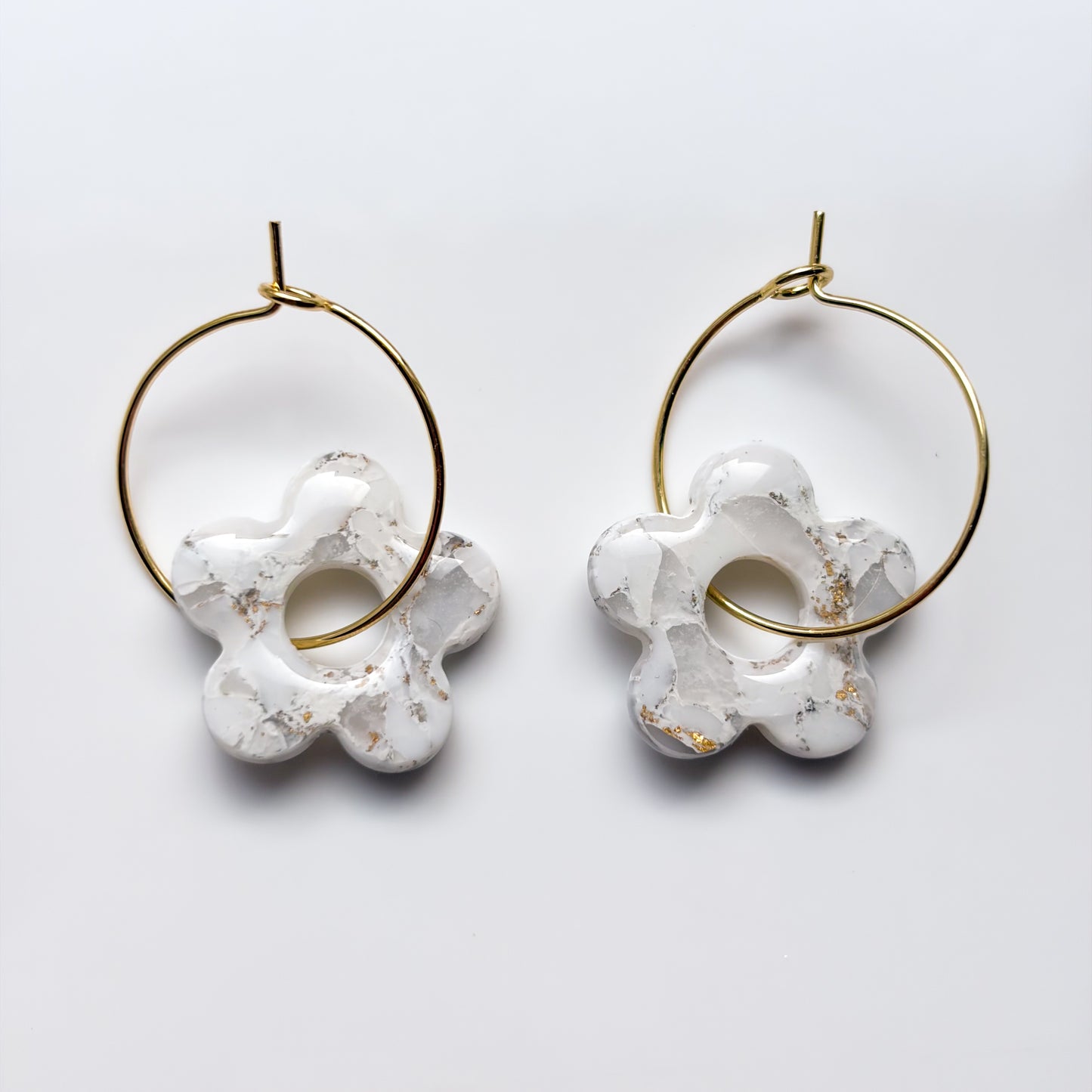 Retro Flower • White + Gold Marble Hoops