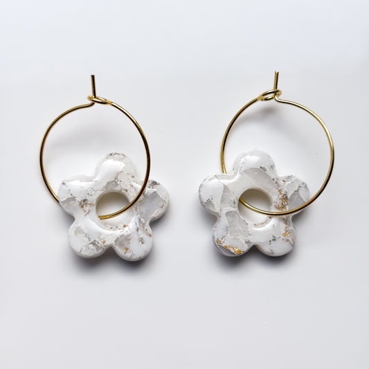 Retro Flower • White + Gold Marble Hoops