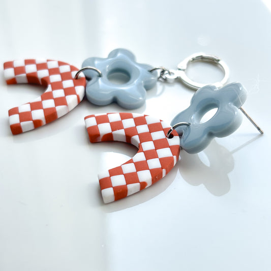 Micro Leo • Floral • Retro Blue + Terracotta Checks