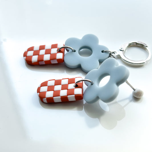 Abstract Daisy Vase • Retro Blue + Terracotta Checks