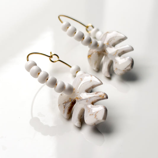 Monstera Hoops • White + Gold Marble