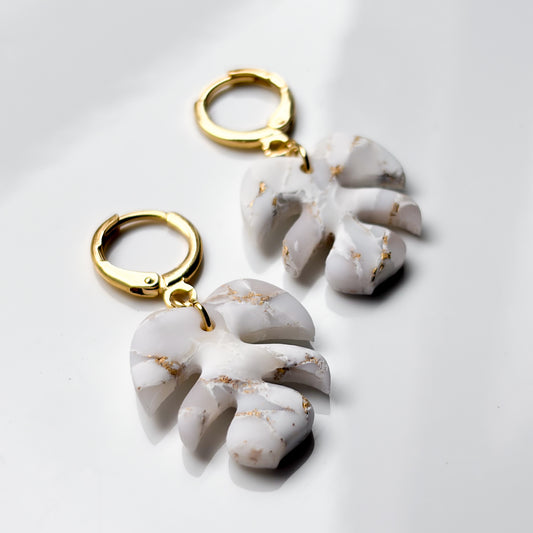Monstera Dangles • White + Gold Marble