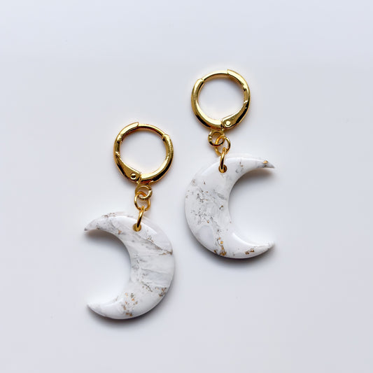 Mini Moon Dangles • White + Gold Marble